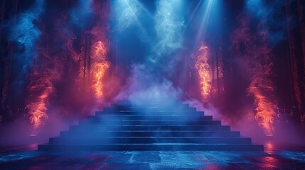 Fototapeta premium empty scene with blue stage spotlights warm centered colored light and smoke concert lighting and mist night show background.stock immage