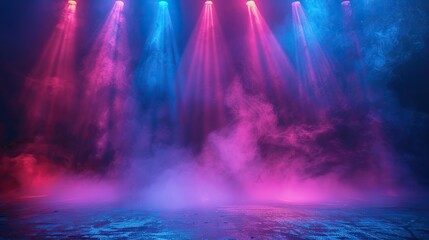empty scene with blue stage spotlights warm centered colored light and smoke concert lighting and...