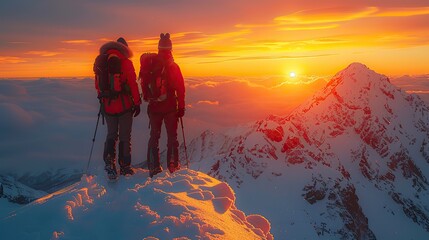 couple of man and woman hikers on top of a mountain in winter at sunset or sunrise together enjoying their climbing success and the breathtaking.stock photo