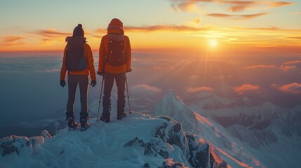 couple of man and woman hikers on top of a mountain in winter at sunset or sunrise together enjoying their climbing success and the breathtaking.llustration graphic