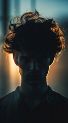 A close-up shot of a silhouette depicting the figure of a man, facing straight towards the camera, with his face slightly obscured. However, his hair is not in the form of a silhouette and is clearly 