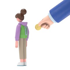 Flat style paying for 3D illustration of Asian girl Renae. Big hand insert coin into hole in PEOPLE back. Costly expensive pricey medical insurance.3D rendering on white background