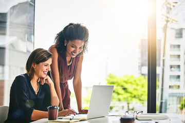 Laptop, happy team and business women coaching, discussion and brainstorming creative startup...