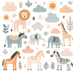 Cartoon patterns for designing shirts or media for kindergarten children.