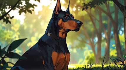 Doberman Pinscher dog sitting in forest meadow, clouds sky, Portrait, Anime illustration, anime background, vibrant, glowing, cinematic