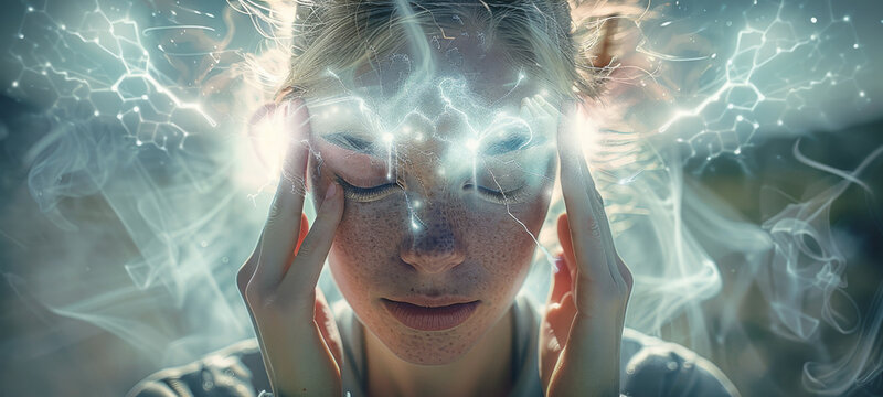 A woman with their fingers on their temples, their eyes closed, and a white energy coming out of the middle of their forehead, as if they were sending a telepathic message. Generative AI.