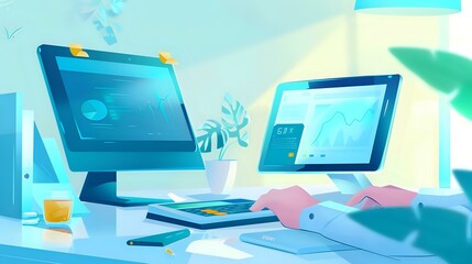 Accounting & Finance professional in the workplace with computers, calculators, and charts