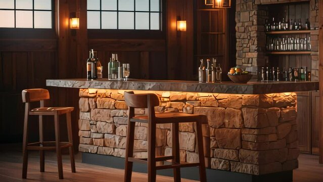 Video animation of indoor bar with a rustic and cozy ambiance. The bar counter is made of stone, and there are two wooden bar stools in front of it