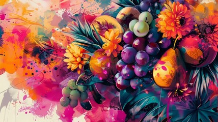vibrant watercolor painting of a lush tropical fruit bouquet