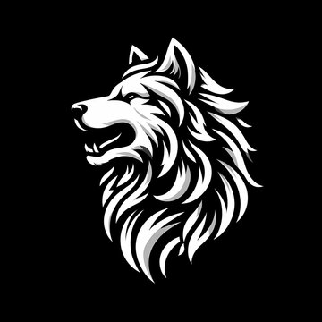 stylized logo featuring a fierce and majestic dog all in white against a black background