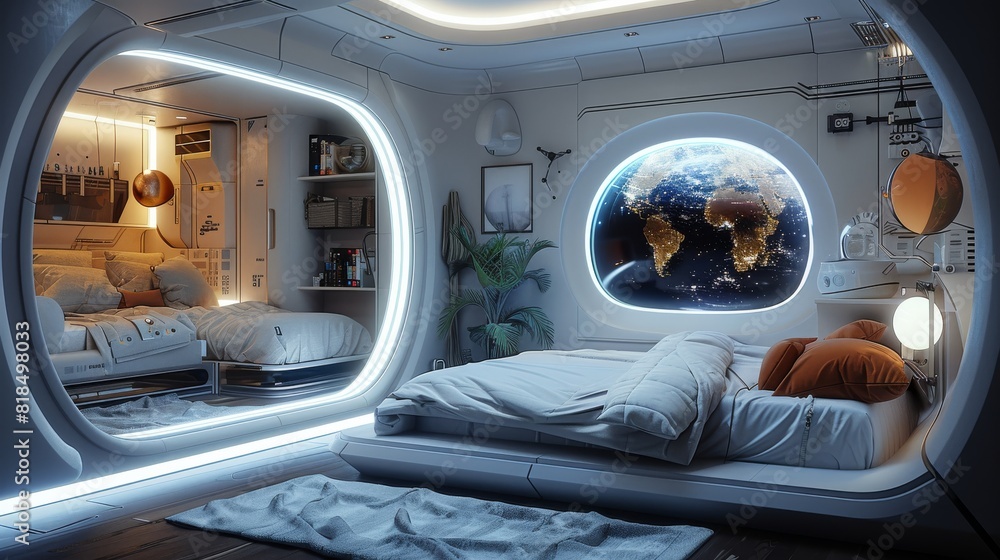 Poster a futuristic bedroom with a holographic display projected on the wall, a smart bed with built-in sle