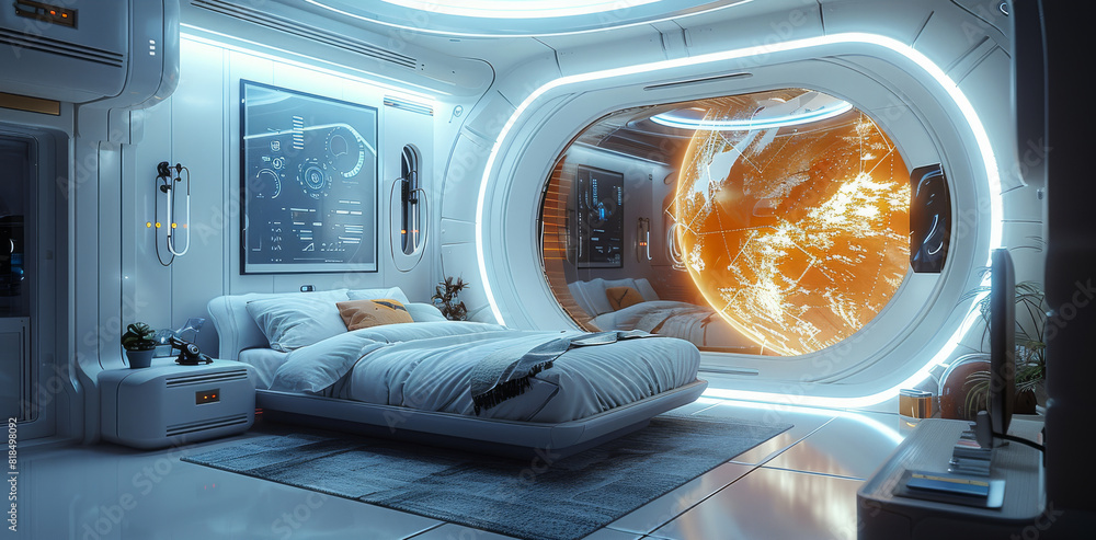 Poster a futuristic bedroom with a holographic display projected on the wall, a smart bed with built-in sle