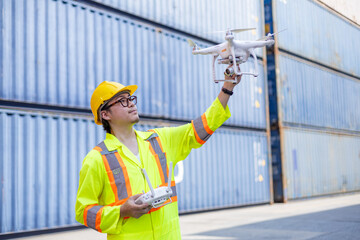 Portrait of engineer inspecting product by inspection drone Container import and logistics concept