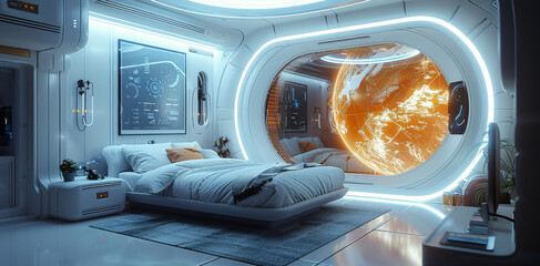 A futuristic bedroom with a holographic display projected on the wall, a smart bed with built-in...