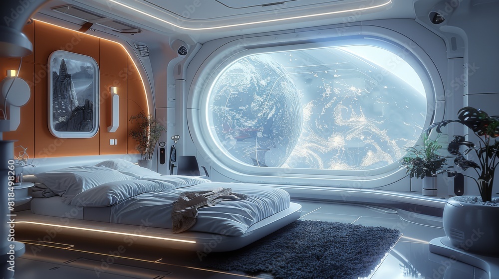 Aufkleber a futuristic bedroom with a holographic display projected on the wall, a smart bed with built-in sle