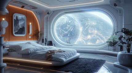A futuristic bedroom with a holographic display projected on the wall, a smart bed with built-in sleep tracking features, and a futuristic. Generative AI.