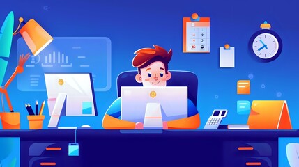 Obraz premium Detailed illustration of a Financial Officer in the workplace with charts and spreadsheets