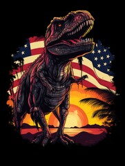 T-shirt design graphic featuring a dinosaurs holding an American flag triumphantly overhead, set against a backdrop of a vibrant sunset sky. 
