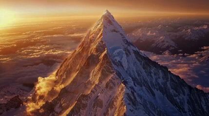 Mountain peak covered in snow reflecting the dawn aerial view, majestic panoramic alpine elevation at sunrise - Powered by Adobe