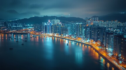 A night in Busan. Aerial high view. Generative AI.