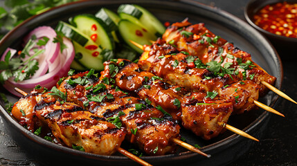 Delicious chicken satay skewers with fresh onion