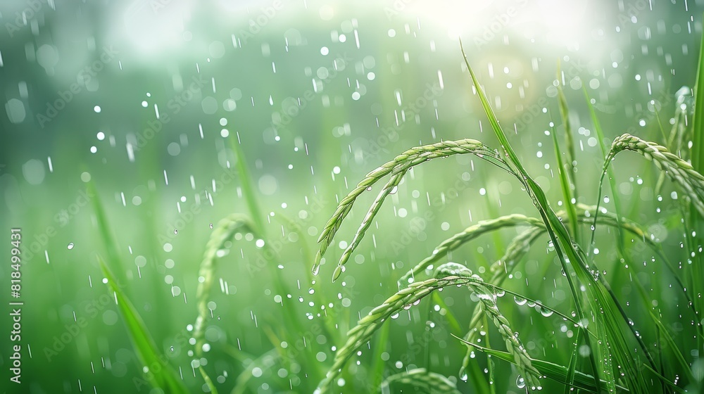 Poster simple light green gradient background with a lot of rice, wheat ears in the rain, minimalist backgr