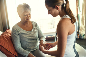 Physiotherapy, health and senior woman with hand massage for arthritis, joint pain and injury...