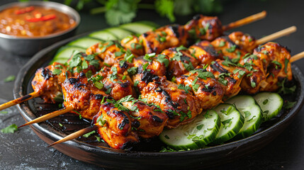Delicious chicken satay skewers with fresh onion