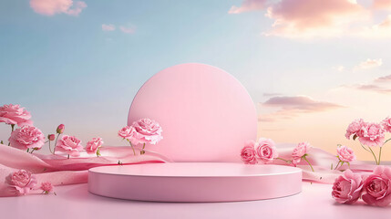 Podium background flower rose product pink 3d spring table beauty stand display nature white. Garden rose floral summer background podium cosmetic valentine easter field scene gift purple day romantic