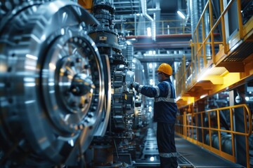 Industrial scene with a worker inspecting equipment, detailed, modern, professional, technological, efficient, in a sophisticated plant, High resolution.