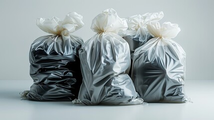 Stacks of garbage bags together, white background. Generative AI.