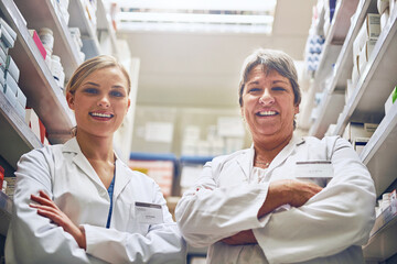 Teamwork, pharmacists or portrait of women with arms crossed in healthcare clinic, pharmacy or...