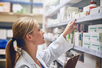 Woman, pharmacist or reading medication for stock check or inventory at pharmacy for pills...