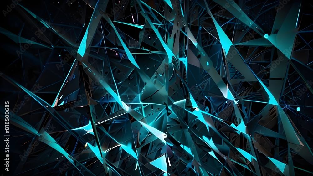 Poster enigmatic turquoise blue triangles merging with abstract light patterns, perfect for sleek hi-tech p