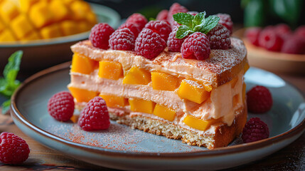 Delicious mango raspberry mousse cake.