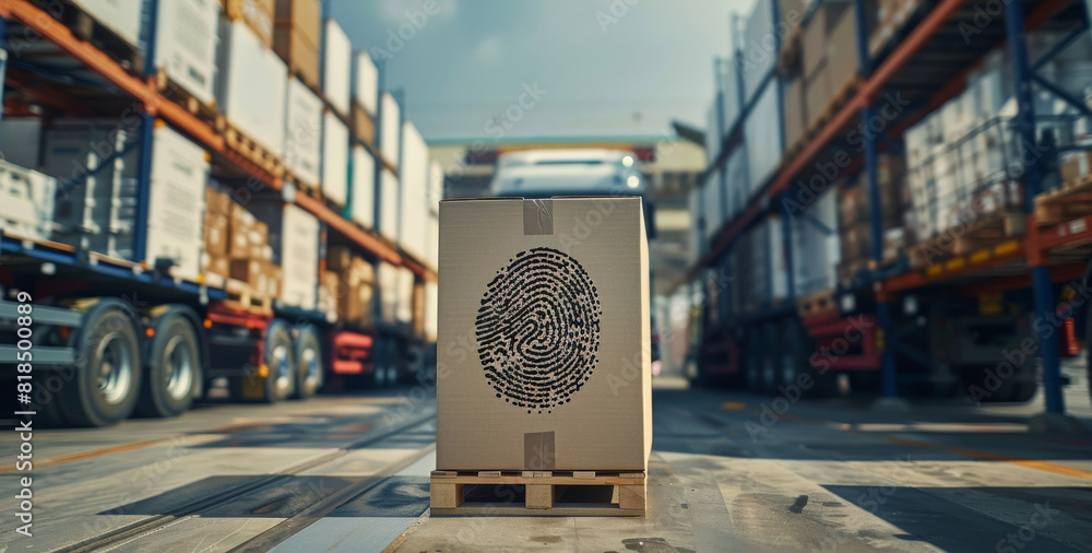 Aufkleber a packaging boxes stacked on pallets that are loaded into freight containers. a large fingerprint is