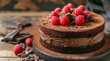 A close-up of a decadent chocolate cake with layers of rich ganache, topped with fresh raspberries...