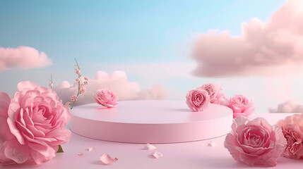 Podium background flower rose product pink 3d spring table beauty stand display nature white. Garden rose floral summer background podium cosmetic valentine easter field scene gift purple day romantic