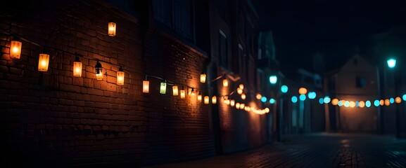 Dark street, old brick wall decorated with night lanterns. Empty street scene, neon light. Night...