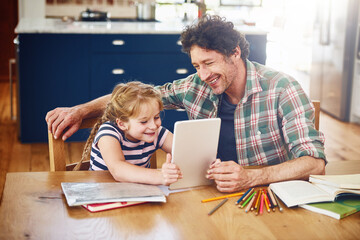 Home, father and girl with tablet for homework with smile for elearning on child development,...