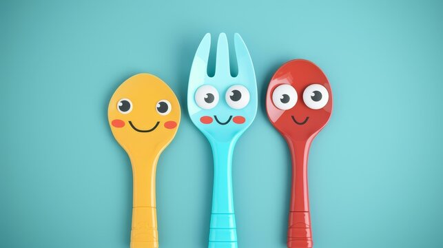 A charming cartoon cutlery family featuring a smiling mom fork, dad knife, and baby spoon.