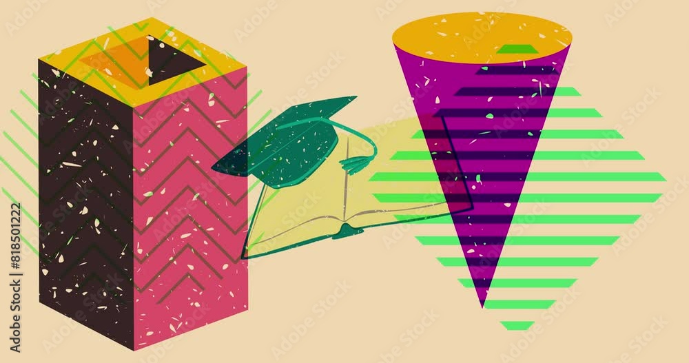 Aufkleber risograph book and graduation cap with geometric shapes animation. moving object in trendy riso grap