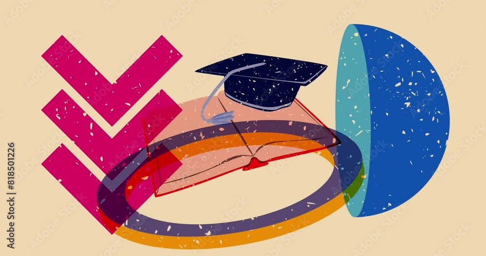 Aufkleber risograph book and graduation cap with geometric shapes animation. moving object in trendy riso grap