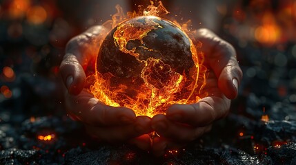 hands holding earth globe burning into flames america destroyed by fire conceptual illustration of global warming temperature increase on planet extreme heat.illustration,stock photo