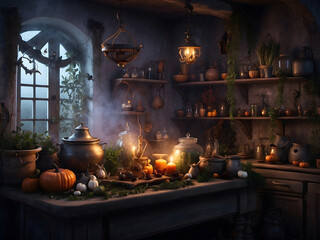 witch's kitchen, stylized room with herbs and mixes, Halloween night, illustration, pictures. Concept magic and sorcery