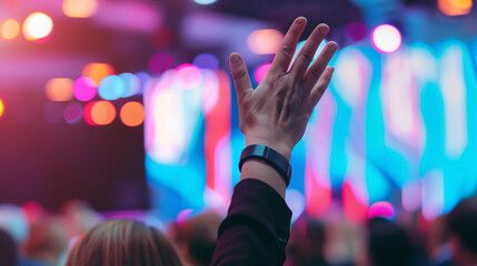 a person raising their hands in front of a stage