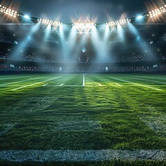 empty football stadium with bright lights shining on the green grass at night, creating a dramatic and immersive atmosphere for a sporting event or other activity.