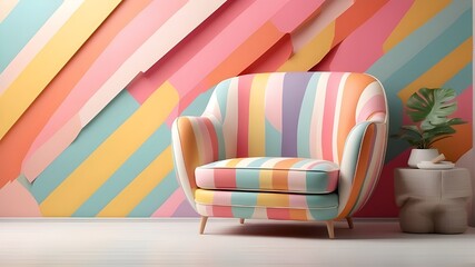 minimum abstract notion. Bright armchair decor with a pastel multicolored, vivid, funky, retro...