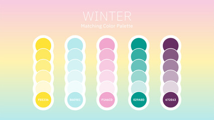 Set of Winter Color Palette Combination in RGB Hex. Matching color palette guide swatch catalog collection with RGB HEX color combinations. Suitable for Branding, fashion, home, or interior design.