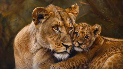 Lioness and Cub. A lioness cuddles with her young cub